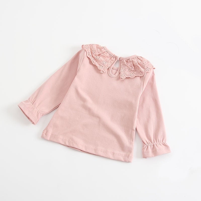 Spring and Autumn Baby's Lotus Collar T-shirt Korean Style Girl's Lace Doll Collar Long Sleeve Base Shirt Children's Trendy Top - Image 5