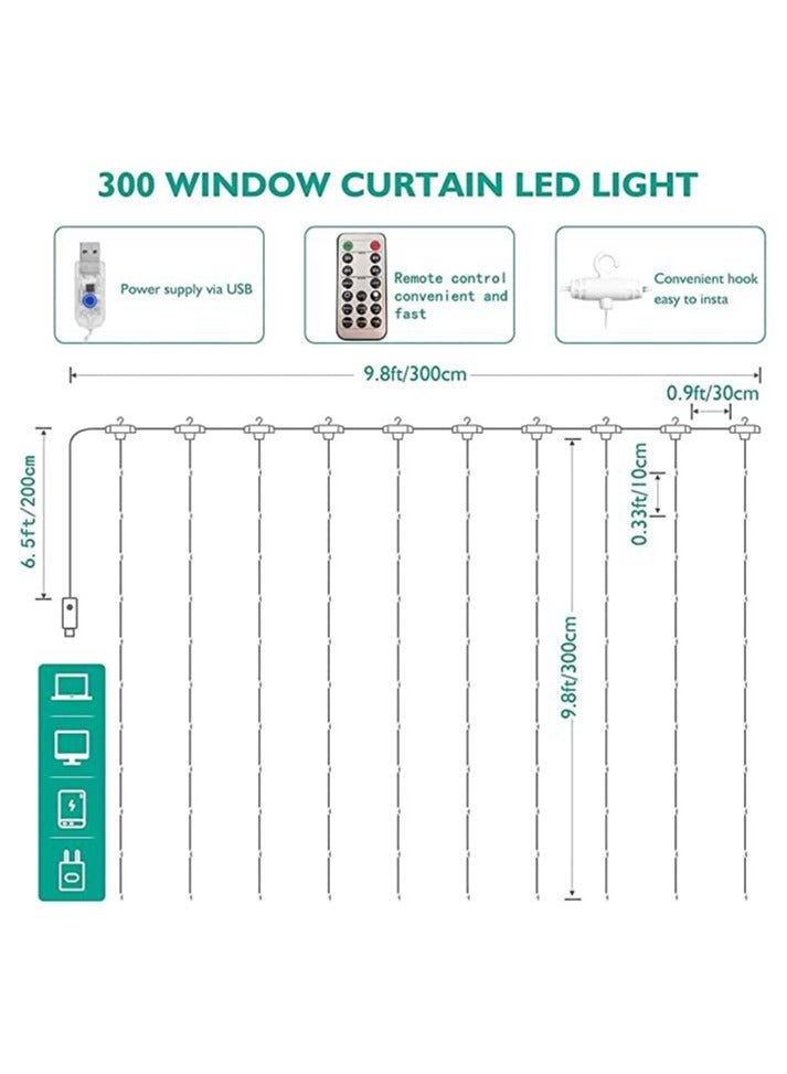 VIUAUAX 300LED Fairy Curtain Lights, Curtain Decorative String Lights, USB Plug in 8 Modes Fairy String Lights with Remote Controller And  Hook for Bedroom, Indoor, Outdoor, Weddings, Party, Decorations, 3M*3M, Warm White - Image 5