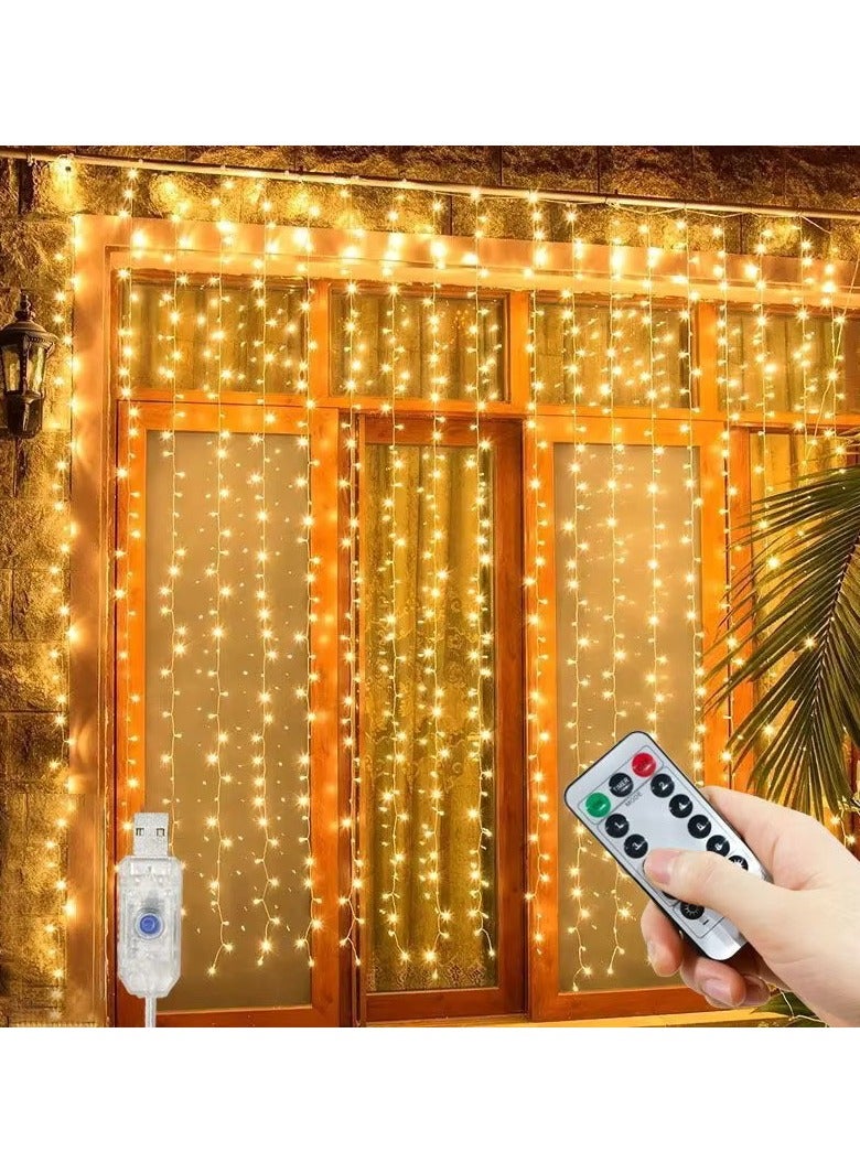 VIUAUAX 300LED Fairy Curtain Lights, Curtain Decorative String Lights, USB Plug in 8 Modes Fairy String Lights with Remote Controller And  Hook for Bedroom, Indoor, Outdoor, Weddings, Party, Decorations, 3M*3M, Warm White - Image 1