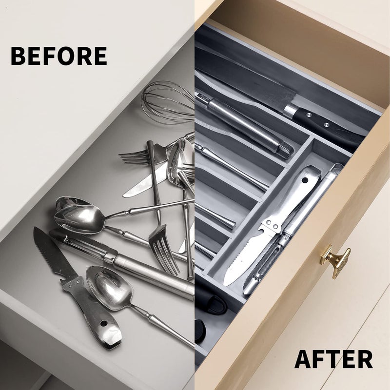 oridom Expandable Bamboo Kitchen Drawer Organizer for Cutlery and Utensils, Adjustable Bamboo Wood Cutlery Tray in Drawer for Flatware and Silverware in Kitchen, (Grey) - Image 4