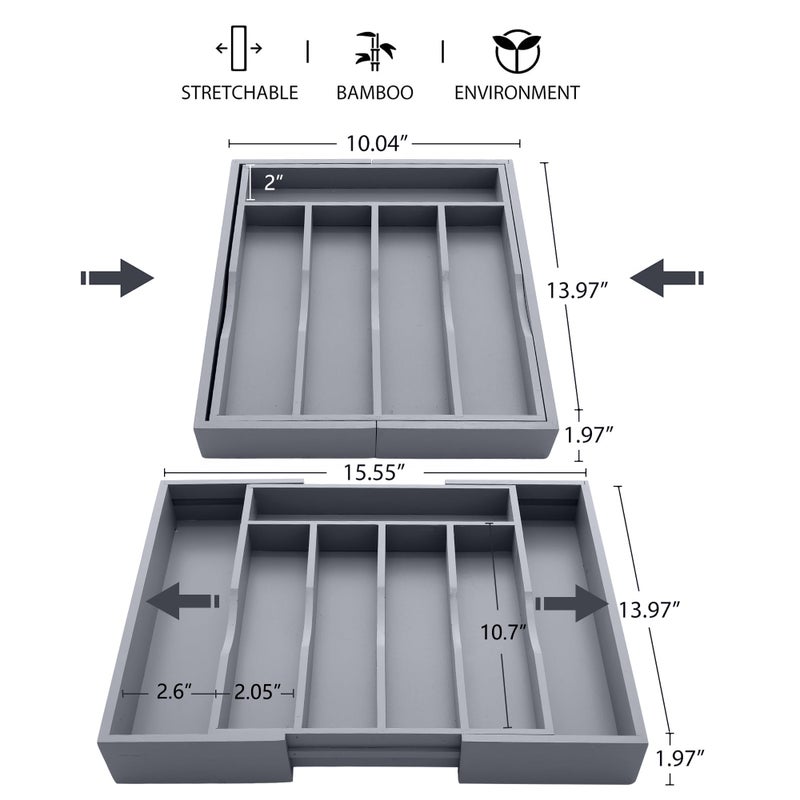 oridom Expandable Bamboo Kitchen Drawer Organizer for Cutlery and Utensils, Adjustable Bamboo Wood Cutlery Tray in Drawer for Flatware and Silverware in Kitchen, (Grey) - Image 2