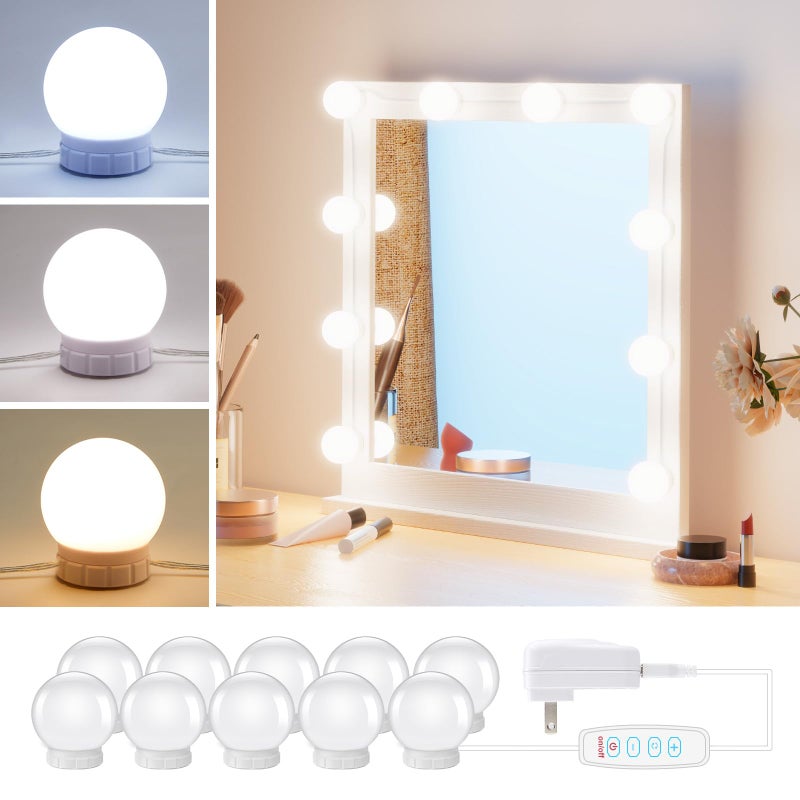 Brightown Hollywood Style Led Vanity Mirror Lights Kit - Vanity Lights Have 10 Dimmable Light Bulbs for Makeup Dressing Table and Power Supply Plug in Lighting Fixture Strip, White (No Mirror Included) - Image 1