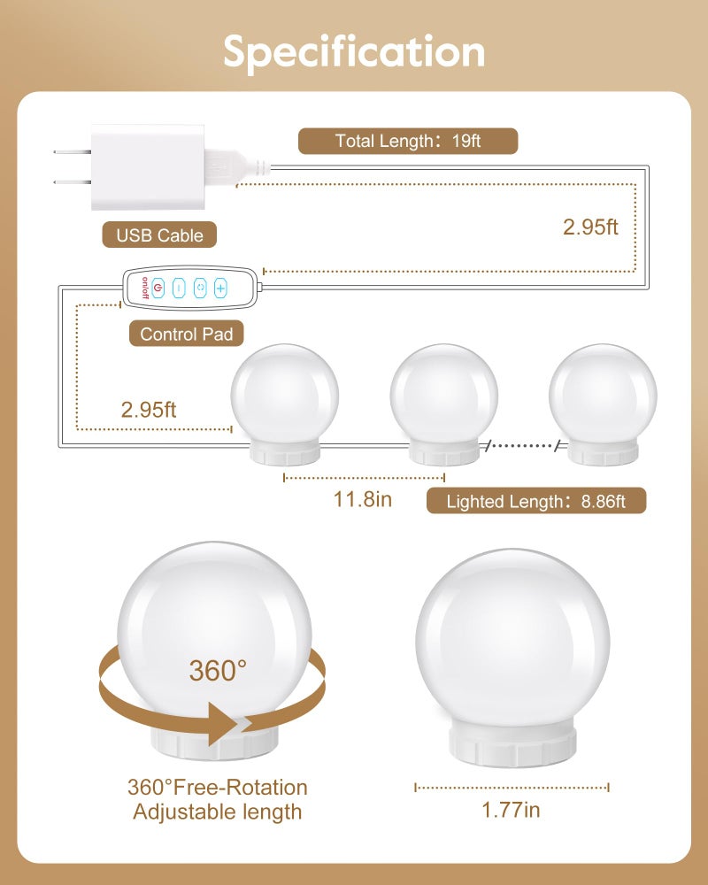 Brightown Hollywood Style Led Vanity Mirror Lights Kit - Vanity Lights Have 10 Dimmable Light Bulbs for Makeup Dressing Table and Power Supply Plug in Lighting Fixture Strip, White (No Mirror Included) - Image 4