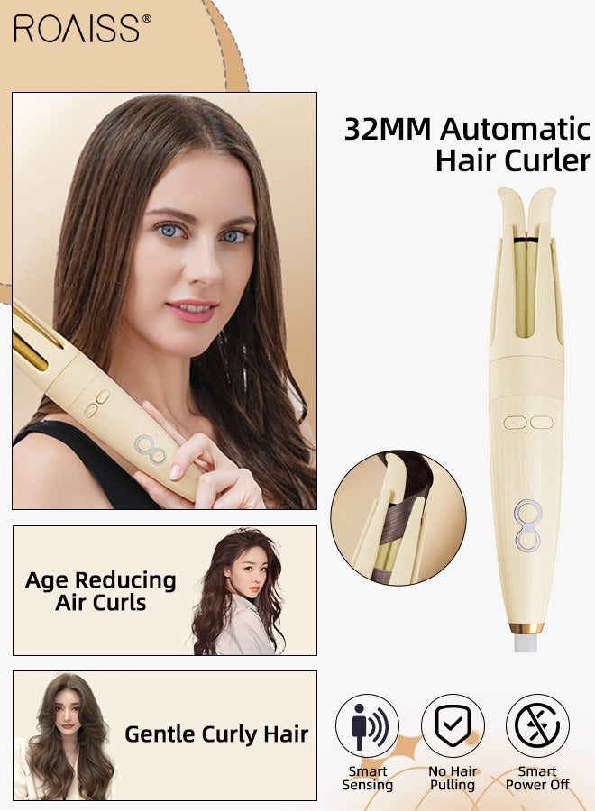 رويس حديد تجعيد الشعر الأوتوماتيكية ذات الأيونات السالبة، عصا تجعيد دوارة 32 مم، حديد تجعيد قابلة للتعديل مع 3 إعدادات لدرجة الحرارة، أسطوانة سيراميك سريعة التسخين، مضادة للحروق، مضادة للتشابك للشعر المتوسط ​​والطويل (أصفر) - Image 1