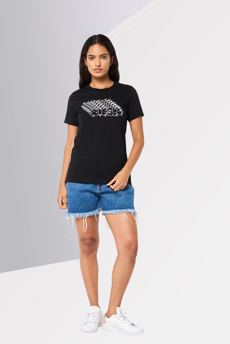 DIESEL تي شيرت نسائي بأكمام قصيرة وياقة دائرية، مطبوع برسومات، أسود - Image 2