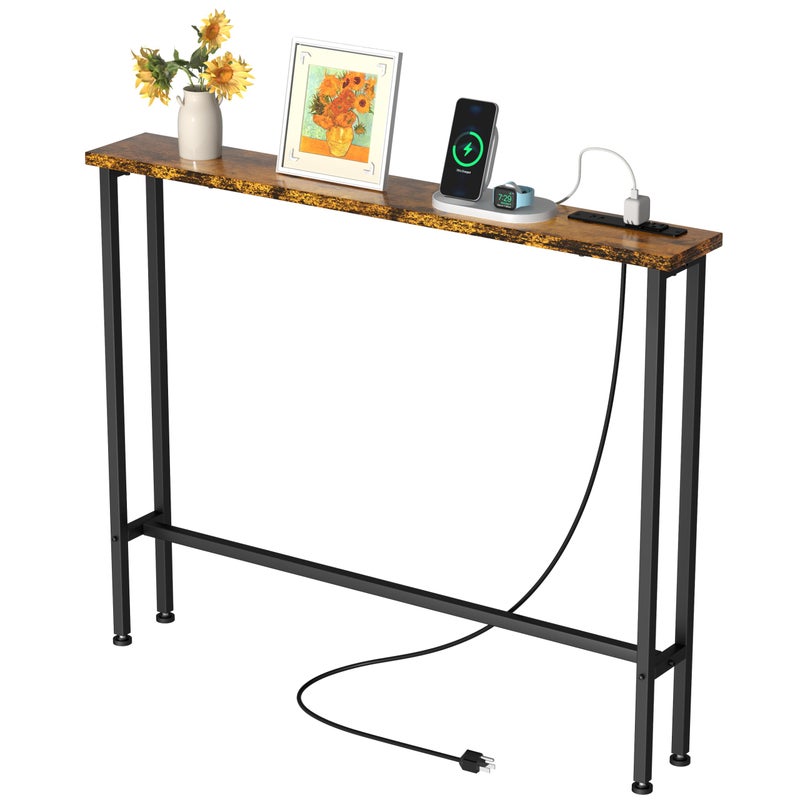 GRLEAF 39" Narrow Console Sofa Table with Built-in Power Strip (2 AC Outlets & 2 USB Ports) â€“ 4.9ft Power Cord, Metal Frame, Easy Assembly, Ideal for Behind Couch, Hallway, and Office | Rustic Brown - Image 1