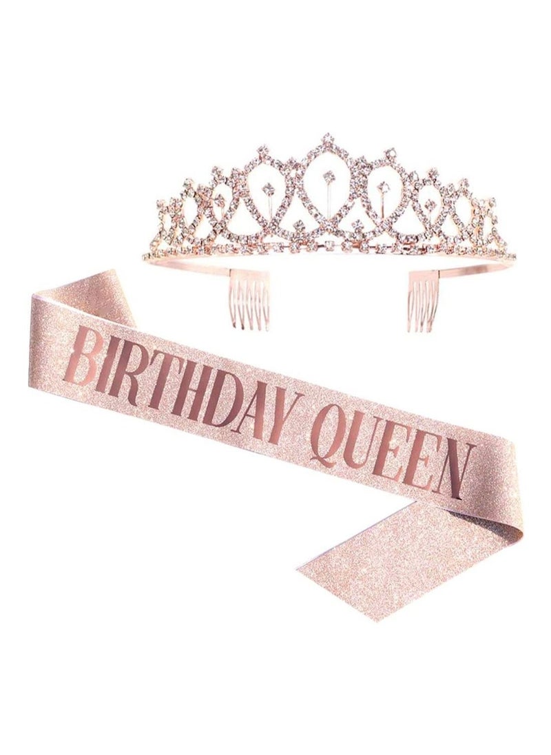 MARGOUN Birthday Queen Sash and Rhinestone Diamond Tiara Set Girls Women Birthday Decoration Party Supplies Rose Gold  - Image 1