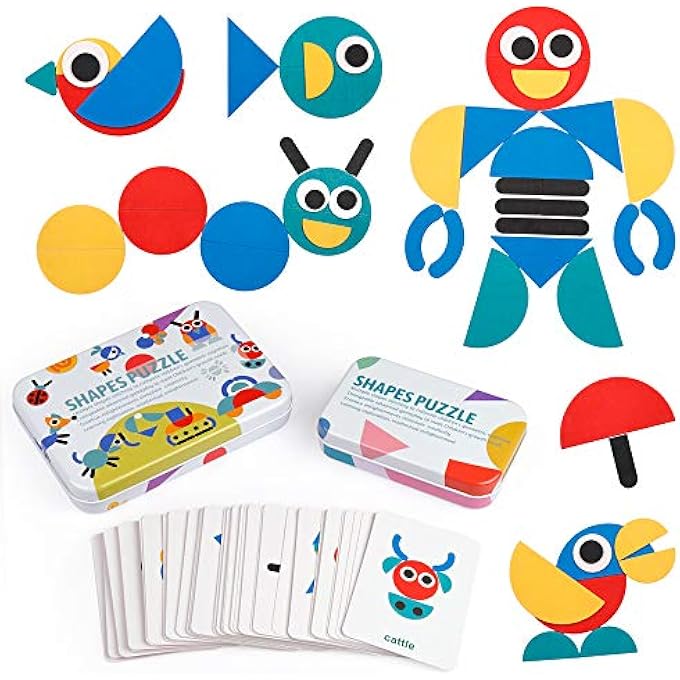 WOODEN PATTERN BLOCKS - TANGRAM SHAPE PUZZLE SET COLOR SORTING STACKING GAME WOOD ANIMAL JIGSAW PRESCHOOL MONTESSORI BRAIN TEASER STEM GIFT FOR 3 4 5 YEARS OLD TODDLER KID (60 PATTERN CARDS) - Image 1