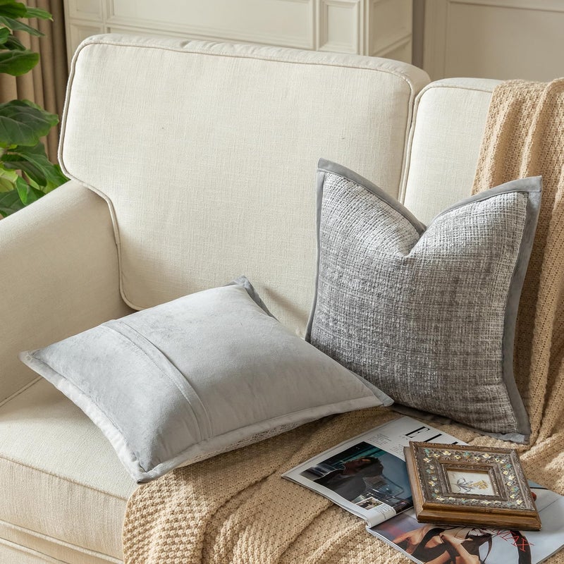 Yaertun Pack of 2 Chenille Textured Decorative Throw Pillow Covers Accent Solid Cushion Cover Soft Cozy Pillow Case with Velvet Back for Couch Sofa Bed Living Room 16x16 Inch Light Grey - Image 2