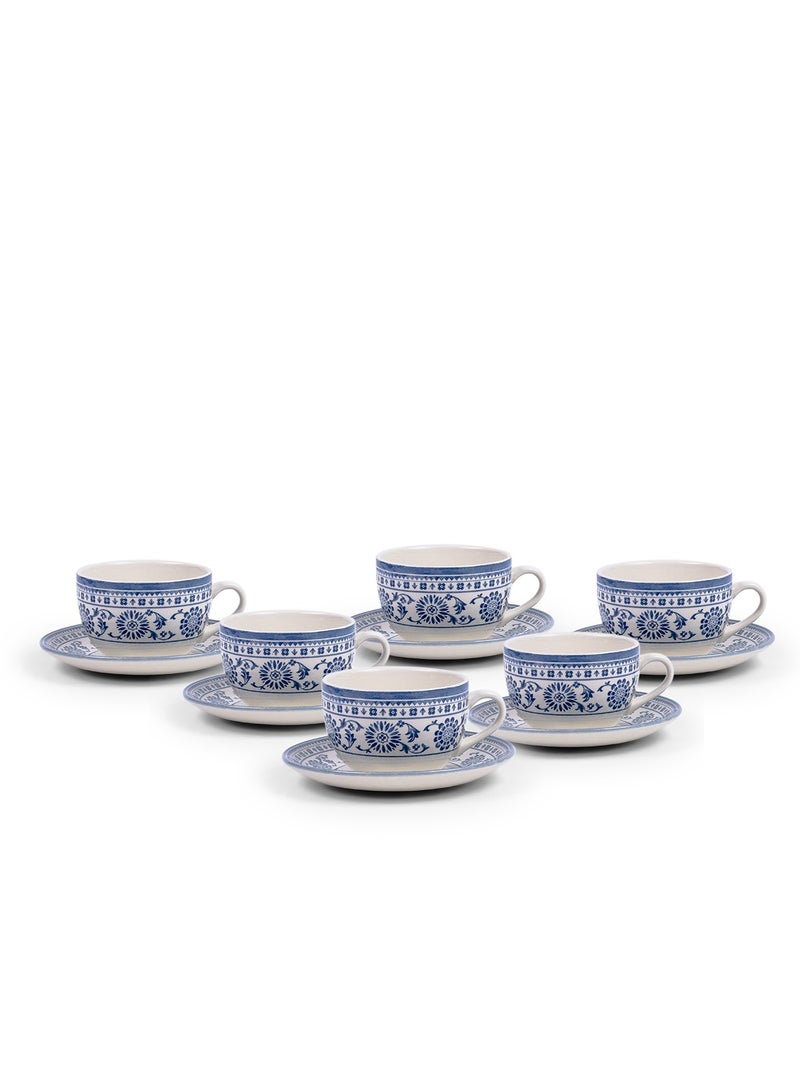 Claytan Plethora 240ml Printed Porcelain Coffee Cup & Saucer Set (Blue & White, Set Of 6)