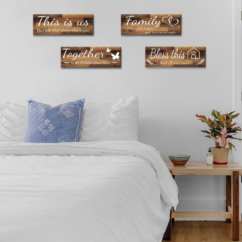 Joyhawk 4 Pieces Home Wall Signs, THIS IS US/TOGETHER/BLESS THIS HOME/FAMILY Wall Decor For Living Room Bedroom, Rustic Wooden Farmhouse Wall Art, 4.7 x 13.8 Inch(Brown) - Image 3