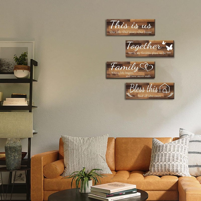 Joyhawk 4 Pieces Home Wall Signs, THIS IS US/TOGETHER/BLESS THIS HOME/FAMILY Wall Decor For Living Room Bedroom, Rustic Wooden Farmhouse Wall Art, 4.7 x 13.8 Inch(Brown) - Image 2