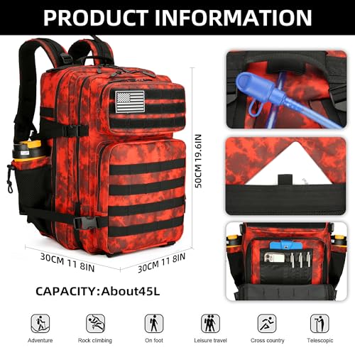 Lovelinks21 45L Tactical Assault Backpack 3 day assault pack with Molle Waterproof backpack Rucksack for Tactical Backpacks (Red water pattern) - Image 3