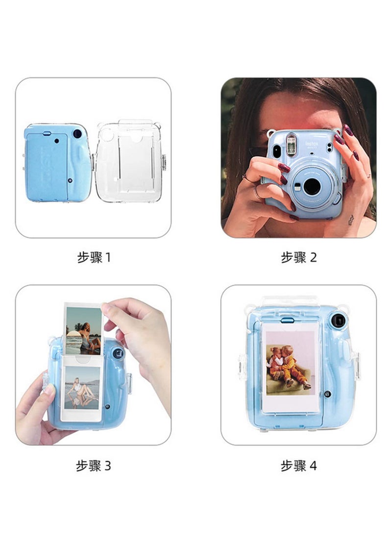 For Polaroid Instax Mini 11 Crystal Clear Protective Case Photo Storage Bag Shell Transparent Cover with Adjustable Strap and Built-in Film Pocket Waterproof Dustproof Shockproof Design