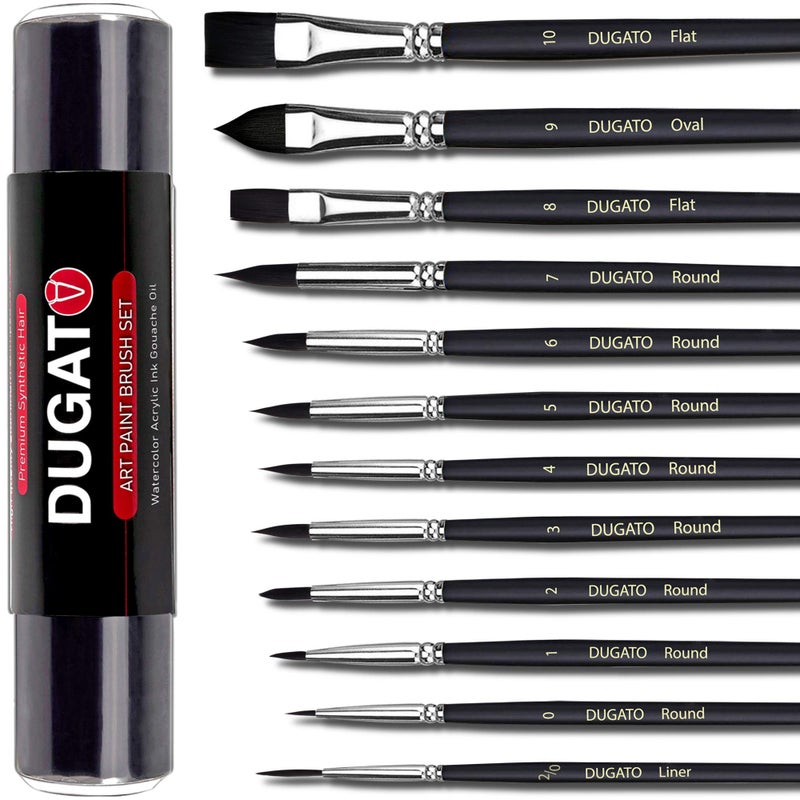 DUGATO 12pc Artist Paint Brush Set  Professional Synthetic Bristles Round Flat Liner Oval for Watercolor Acrylic Oil Gouache Miniatures  Crafts