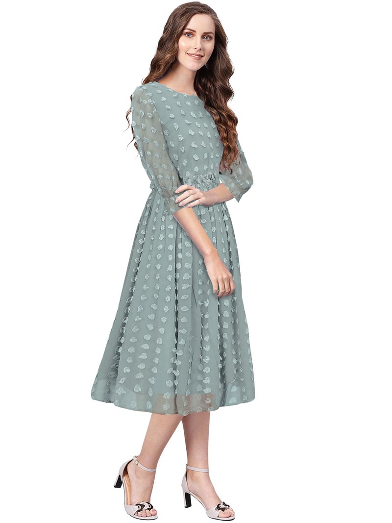 Toochki Women's Sea Green Dobby Georgette Woven Fit & Flared Western Dress | Dress for Women | A line Dress | Winter Dress | Western Dress | Latest Women Dress | Trendy Dress | Midi Dress - Image 3