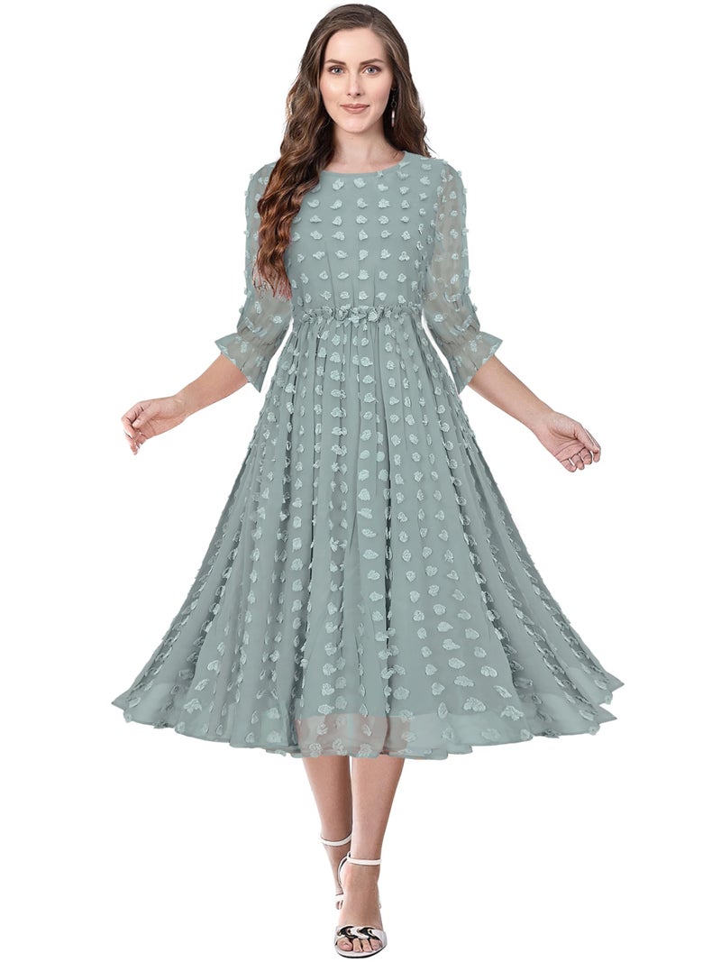 Toochki Women's Sea Green Dobby Georgette Woven Fit & Flared Western Dress | Dress for Women | A line Dress | Winter Dress | Western Dress | Latest Women Dress | Trendy Dress | Midi Dress - Image 2