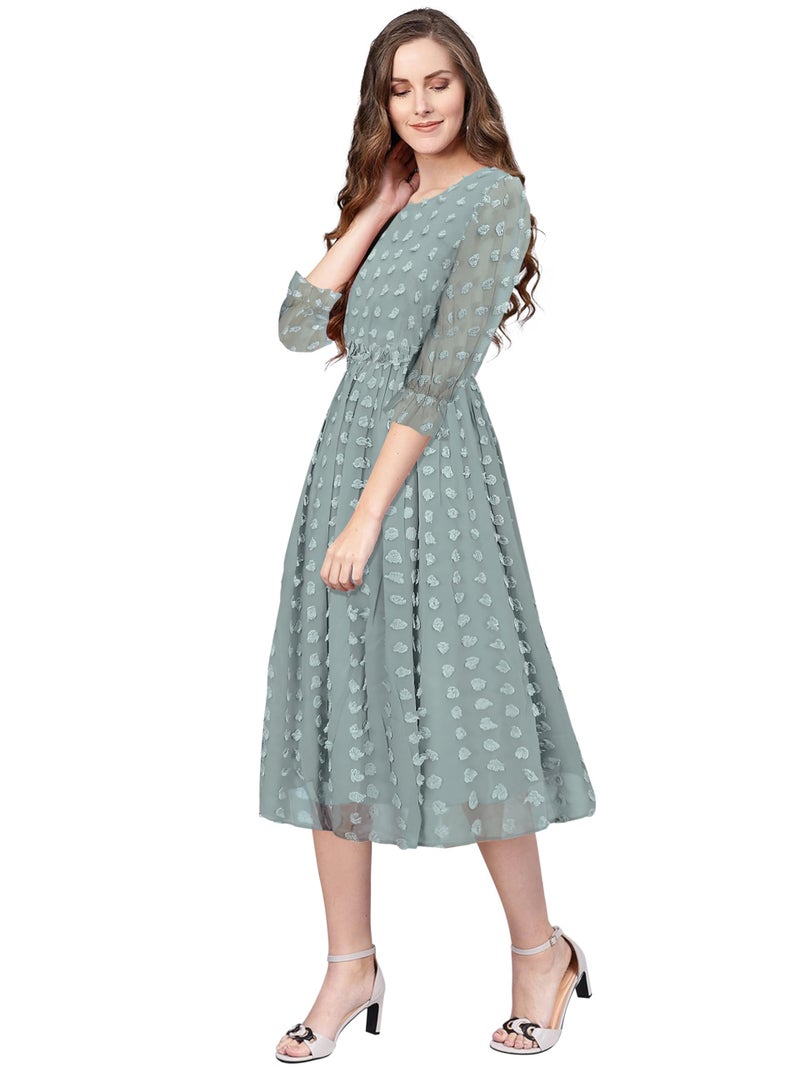 Toochki Women's Sea Green Dobby Georgette Woven Fit & Flared Western Dress | Dress for Women | A line Dress | Winter Dress | Western Dress | Latest Women Dress | Trendy Dress | Midi Dress - Image 4