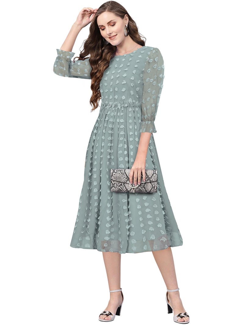 Toochki Women's Sea Green Dobby Georgette Woven Fit & Flared Western Dress | Dress for Women | A line Dress | Winter Dress | Western Dress | Latest Women Dress | Trendy Dress | Midi Dress - Image 1