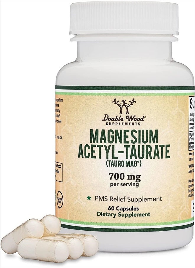 Double Wood Supplements - Magnesium Acetyl-Taurate (ATA MG, TauroMag) Novel and Patented Form of Magnesium for PMS and Cramp Relief (60 Capsules, 350mg) PMS Relief Magnesium Supplement by Double Wood Supplements - Image 1