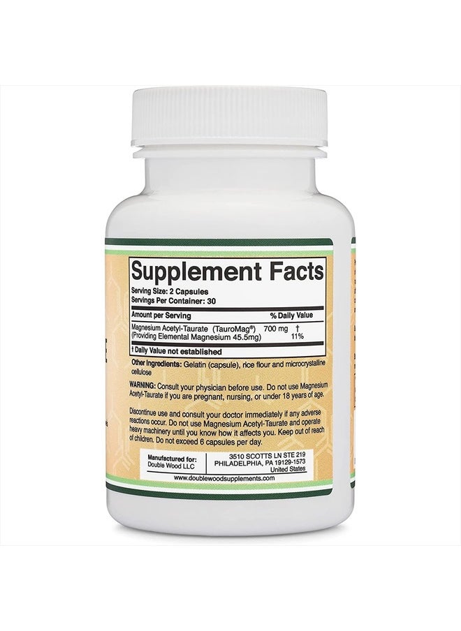 Double Wood Supplements - Magnesium Acetyl-Taurate (ATA MG, TauroMag) Novel and Patented Form of Magnesium for PMS and Cramp Relief (60 Capsules, 350mg) PMS Relief Magnesium Supplement by Double Wood Supplements - Image 1