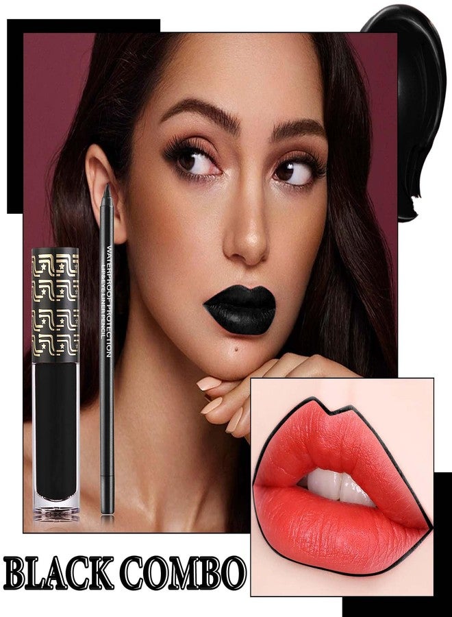 DuoZeng Black Matte Lipstick,2 Pcs Black Matte Lip Liner and Liquid Lipstick Set,Waterproof Long Lasting Lip Gloss Stain,Matte Liquid Lipstick for Women,Non-Stick Cup Non-Fading Liquid Lip Liner Lipgloss Set - Image 2