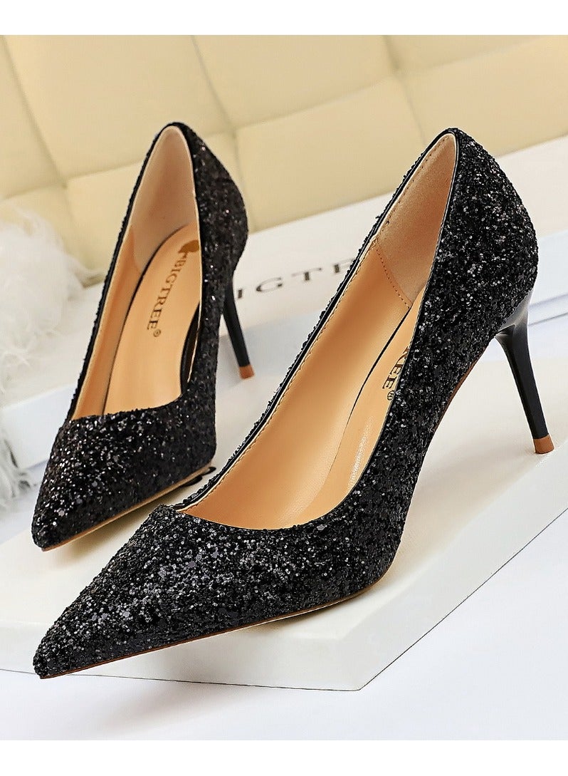 BIGTREE Women's Shiny Sequins Fashionable Stiletto Pumps 7 cm Elegant Gorgeous Closed Pointed Toe Slip On Solid High Heels Black - Image 1