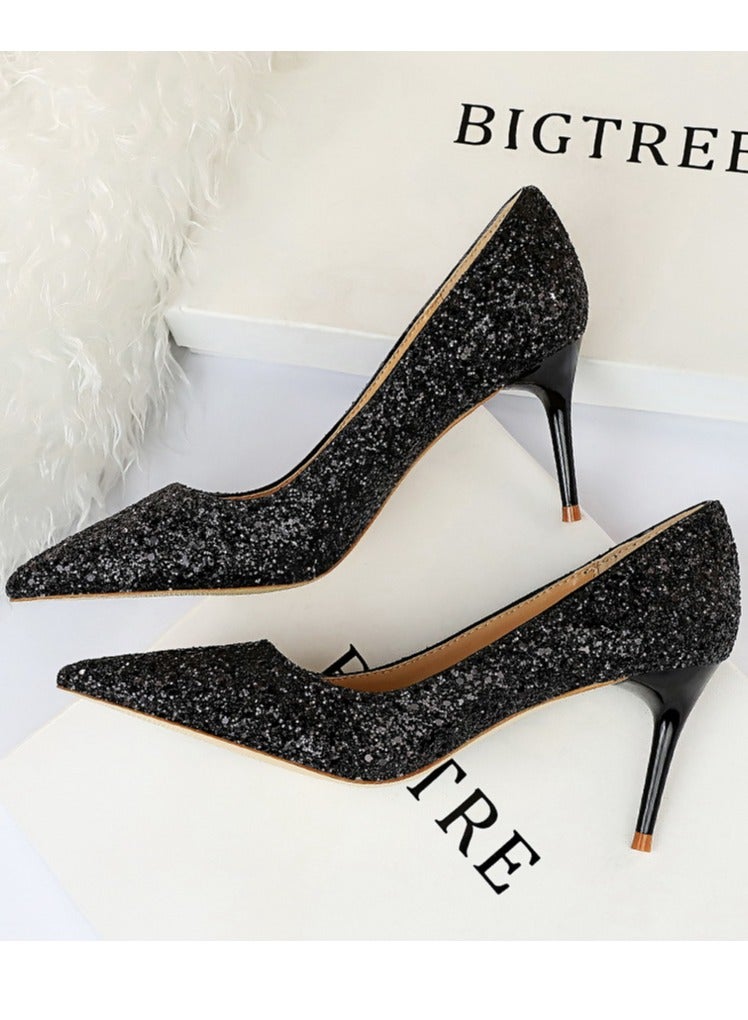 BIGTREE Women's Shiny Sequins Fashionable Stiletto Pumps 7 cm Elegant Gorgeous Closed Pointed Toe Slip On Solid High Heels Black - Image 3