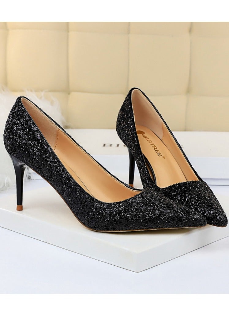 BIGTREE Women's Shiny Sequins Fashionable Stiletto Pumps 7 cm Elegant Gorgeous Closed Pointed Toe Slip On Solid High Heels Black - Image 2