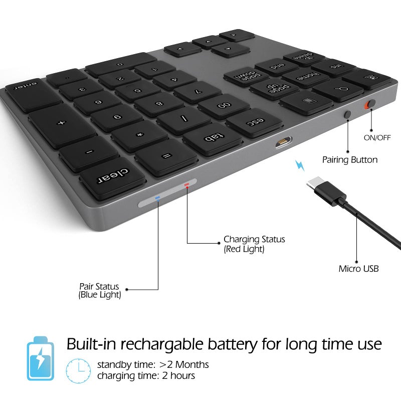Foloda Bluetooth Numeric Keypad, Aluminum Rechargeable 34-Keys Wireless Number Pad External 10 Keys Numpad Data Entry Compatible for Laptop MacBook Mac Windows - Image 4