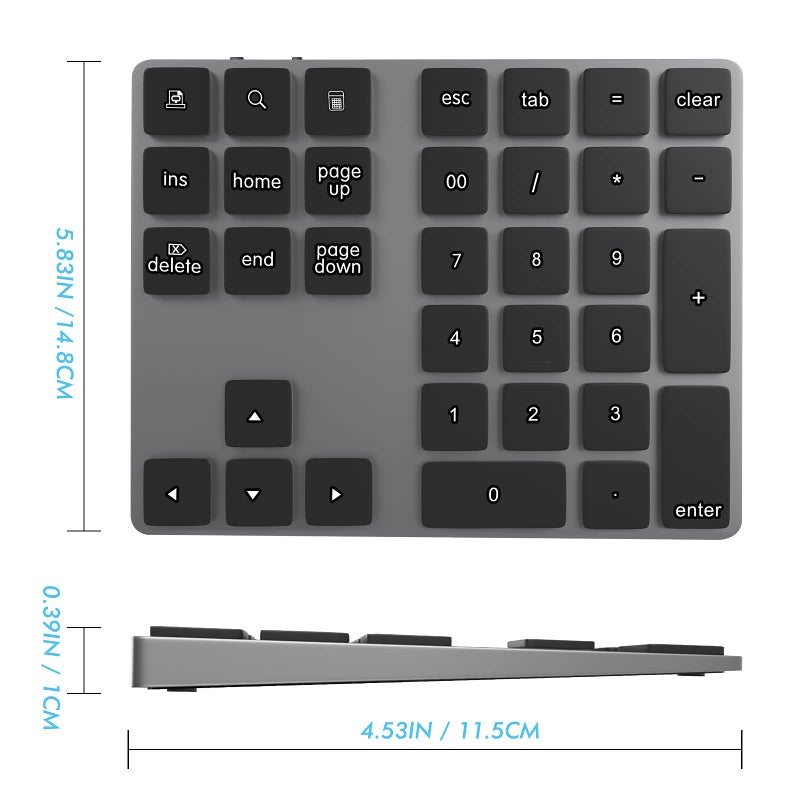 Foloda Bluetooth Numeric Keypad, Aluminum Rechargeable 34-Keys Wireless Number Pad External 10 Keys Numpad Data Entry Compatible for Laptop MacBook Mac Windows - Image 5