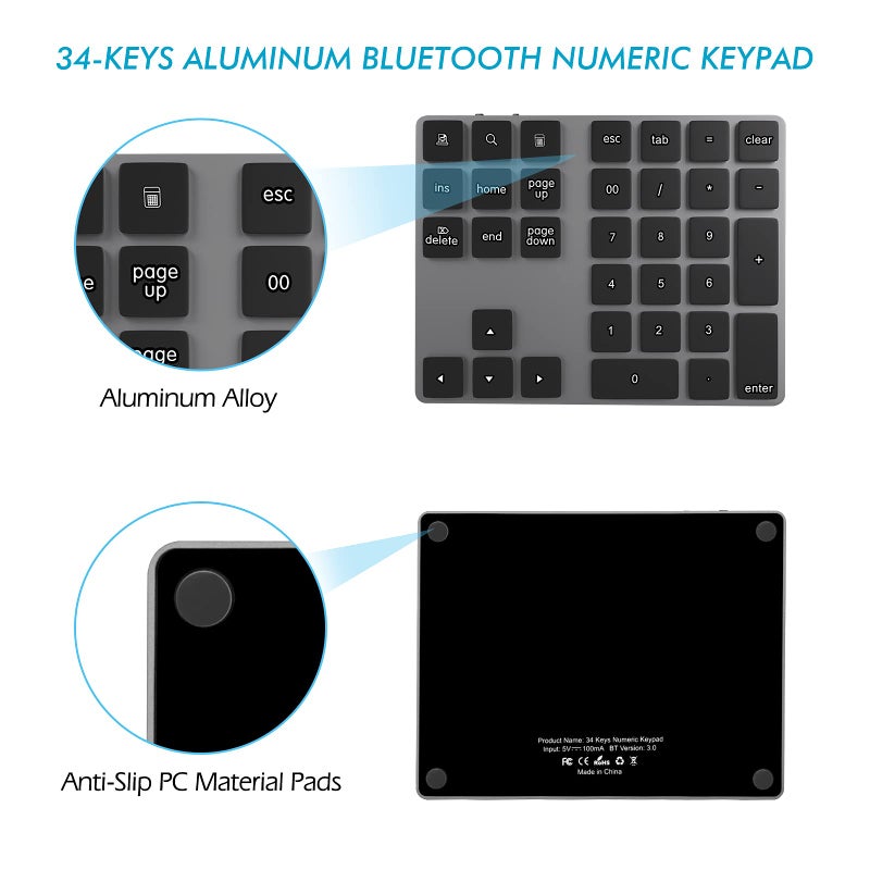 Foloda Bluetooth Numeric Keypad, Aluminum Rechargeable 34-Keys Wireless Number Pad External 10 Keys Numpad Data Entry Compatible for Laptop MacBook Mac Windows - Image 2