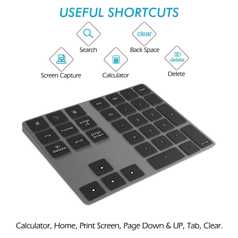 Foloda Bluetooth Numeric Keypad, Aluminum Rechargeable 34-Keys Wireless Number Pad External 10 Keys Numpad Data Entry Compatible for Laptop MacBook Mac Windows - Image 3