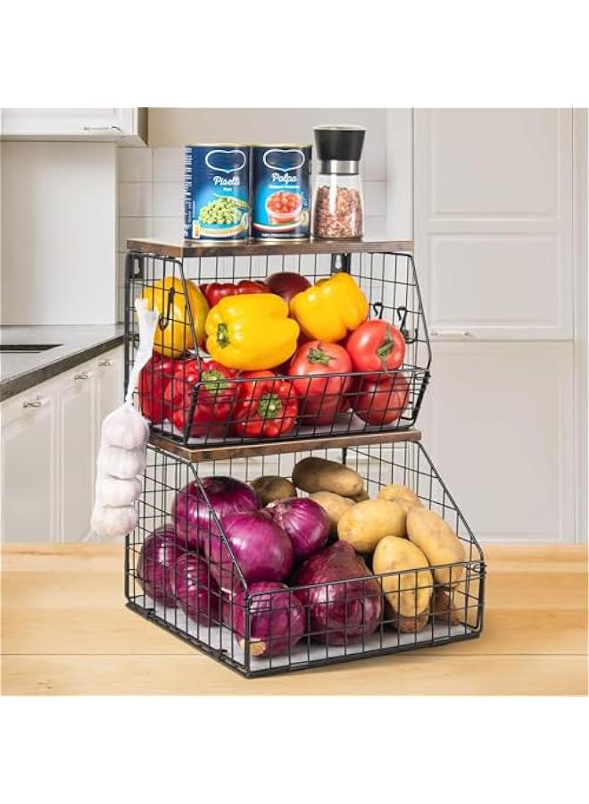 MIXDE Fruit Basket, Stackable Wall Mounted Fruit Baskets, Potato Basket Onion Storage for Kitchen, Hanging Wire Basket with Wood Lid, 2-Tier Vegetable Organizer Kitchen Countertop Organization - Image 1