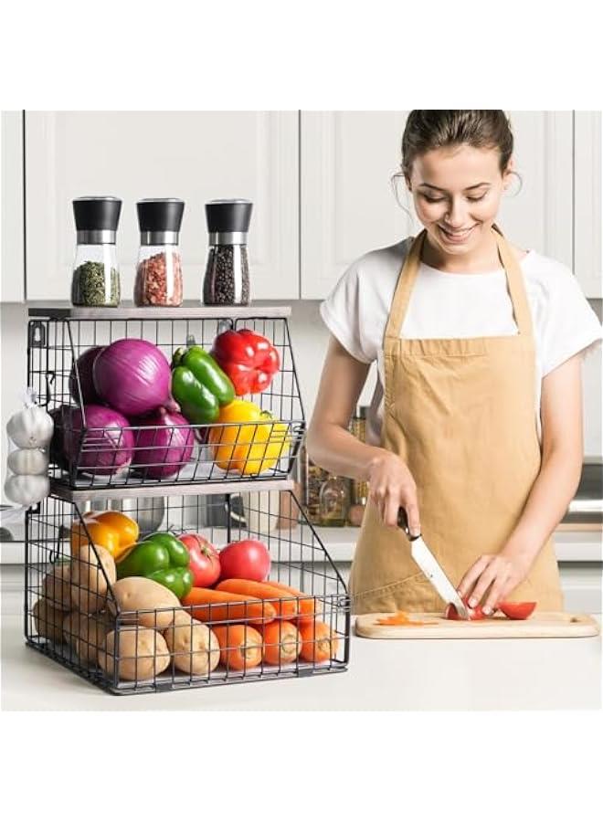 MIXDE Fruit Basket, Stackable Wall Mounted Fruit Baskets, Potato Basket Onion Storage for Kitchen, Hanging Wire Basket with Wood Lid, 2-Tier Vegetable Organizer Kitchen Countertop Organization - Image 4