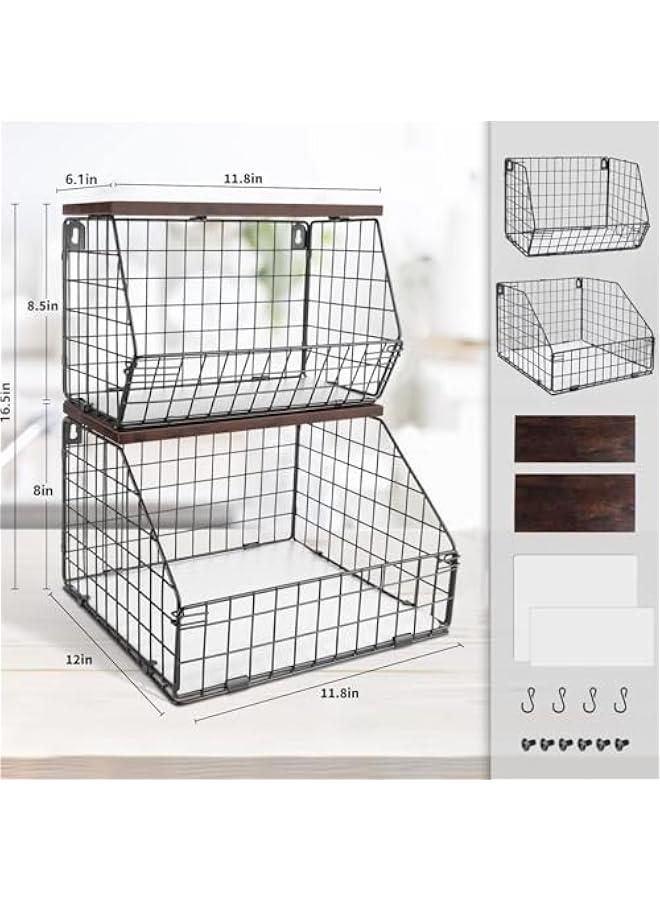 MIXDE Fruit Basket, Stackable Wall Mounted Fruit Baskets, Potato Basket Onion Storage for Kitchen, Hanging Wire Basket with Wood Lid, 2-Tier Vegetable Organizer Kitchen Countertop Organization - Image 2