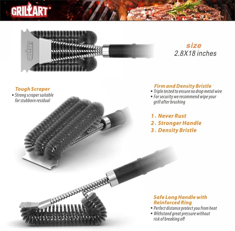 GRILLART فرشاة ومكشطة للشواية من GRILLART مع مقبض فاخر، فرشاة تنظيف آمنة للشوايات السلكية، مثالية لتنظيف شبكات الشواية في الشوايات الغازية والأشعة تحت الحمراء والفحم والخزفية، الرقم BR-8529، لونها فضي أسود. - Image 3