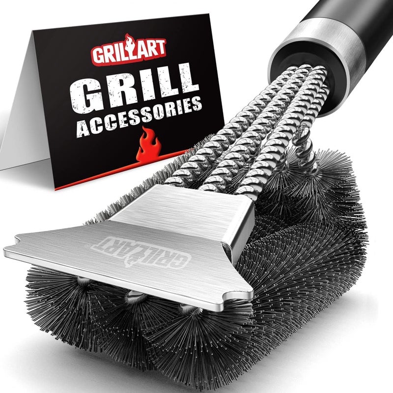 GRILLART فرشاة ومكشطة للشواية من GRILLART مع مقبض فاخر، فرشاة تنظيف آمنة للشوايات السلكية، مثالية لتنظيف شبكات الشواية في الشوايات الغازية والأشعة تحت الحمراء والفحم والخزفية، الرقم BR-8529، لونها فضي أسود. - Image 1