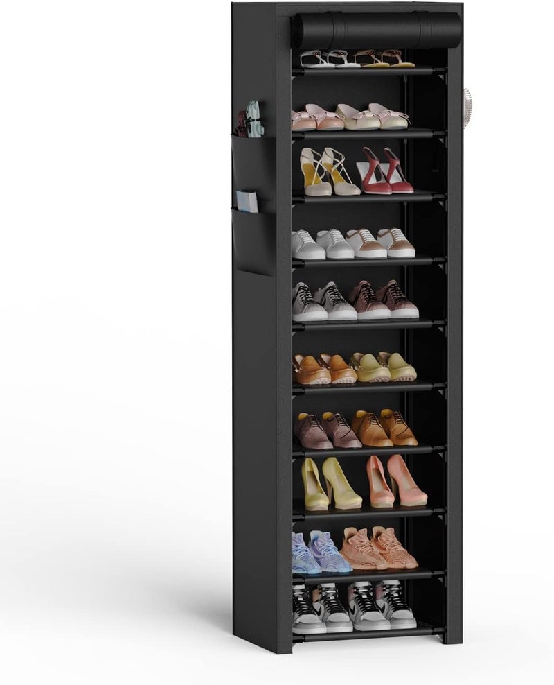 VTRIN Vertical Narrow Shoe Rack Organizer 10 Tier Tall Shoe Shelf Holds 20-22 Pairs with Non-Woven Dustproof Cover for Closet, Entryway Black - Image 1