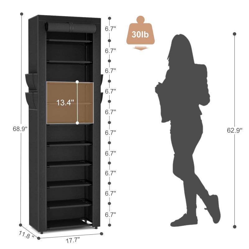 VTRIN Vertical Narrow Shoe Rack Organizer 10 Tier Tall Shoe Shelf Holds 20-22 Pairs with Non-Woven Dustproof Cover for Closet, Entryway Black - Image 3