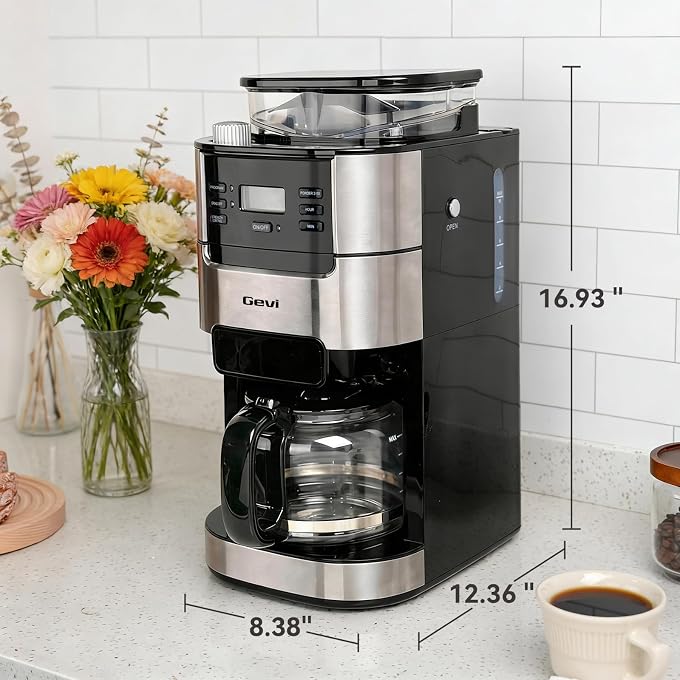 Gevi All In One 10-Cup Grind & Brew Coffee Maker with Built-In Burr Grinder | 24-Hour Programmable Timer, 1.5L Water Tank, Warm Plate, Reusable Filter & Glass Carafe for Daily Fresh Coffee Brewing - Image 2
