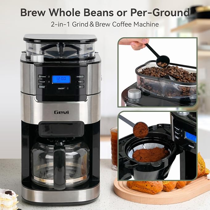 Gevi All In One 10-Cup Grind & Brew Coffee Maker with Built-In Burr Grinder | 24-Hour Programmable Timer, 1.5L Water Tank, Warm Plate, Reusable Filter & Glass Carafe for Daily Fresh Coffee Brewing - Image 3