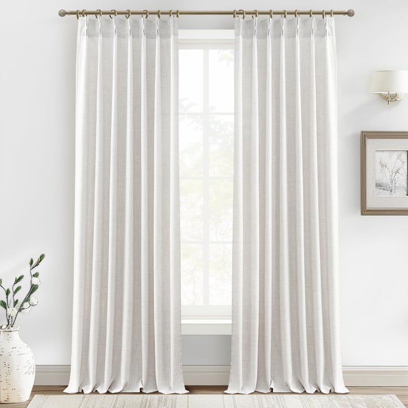 PleatedDrapes 102 Inch Long Curtains for Living/Dining Room, Elegant Pinch Pleated Linen Curtain 102 inches Light Filter Privacy That Let Light in Cortinas para Sala Modernas 2 Panels Set Beige White - Image 1