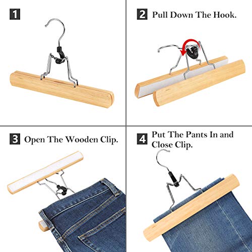 AMKUFO 12 Pack Natural Wooden Pants Hangers with Clips Non Slip Skirt Hangers Trouser Clamp Hanger Solid Wood Hanger with 360° Swivel Hook - Image 4