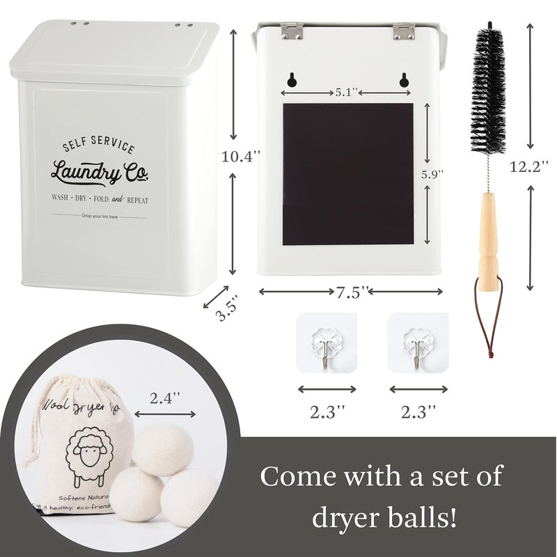 MONJITA Magnetic Lint Bin for Laundry Room, Metal Trash Can with Lid for Dryer, Farmhouse Lint Holder, Laundry Co Sign, Laundry Room Storage Decor with Dryer Lint Brush (White-Dryer Ball Set) - Image 2