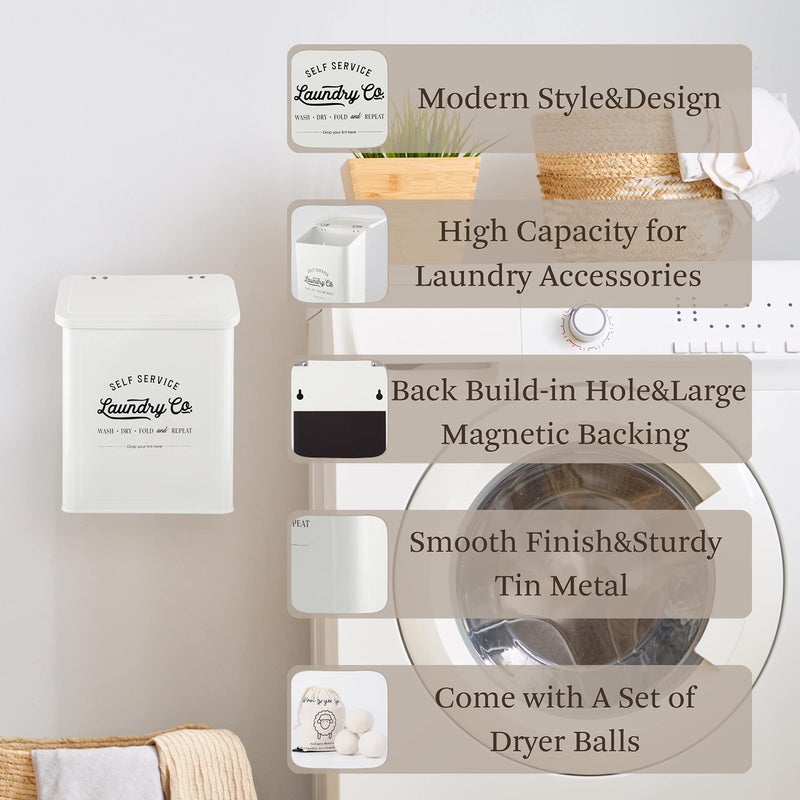 MONJITA Magnetic Lint Bin for Laundry Room, Metal Trash Can with Lid for Dryer, Farmhouse Lint Holder, Laundry Co Sign, Laundry Room Storage Decor with Dryer Lint Brush (White-Dryer Ball Set) - Image 4