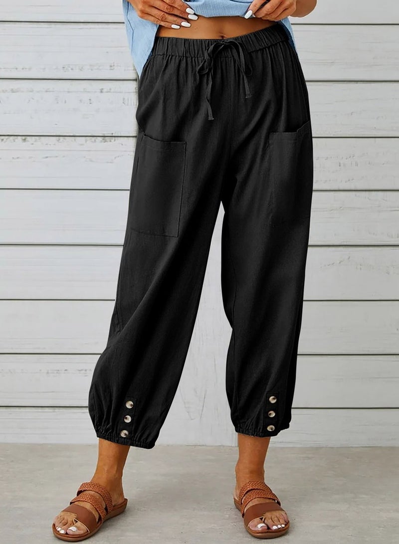 Loquat New Women's Loose High Waist Cottonfabric Nine Points Pants Wide Leg Pants 