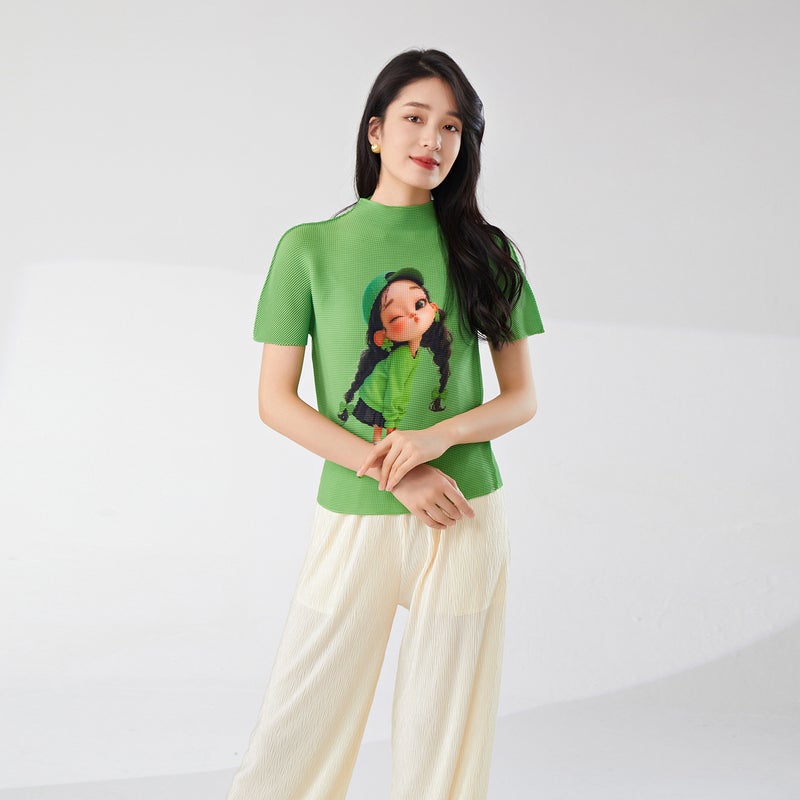 Miyake Short-Sleeved Women'S T-Shirt Tight Cartoon Animation High-End Elegant Slim Versatile Shirt Top - Image 1