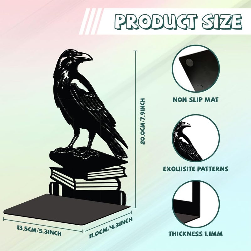 Peacoblue Metal Bookends for Shelves, Modern Decorative Heavy Duty Study Book Support Stoppers for Office, Desk, Shelf, Room 5.3"x4.3"x7.9" Cast Iron Simple Tall Bookends, 1 Pair (Crow on Book Stack) - Image 2