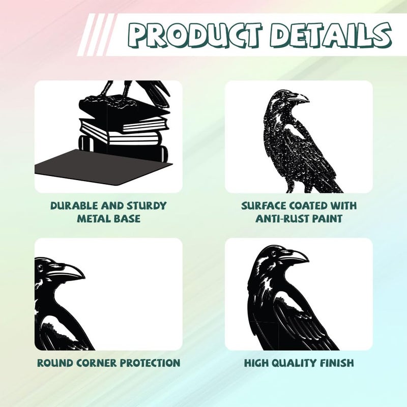 Peacoblue Metal Bookends for Shelves, Modern Decorative Heavy Duty Study Book Support Stoppers for Office, Desk, Shelf, Room 5.3"x4.3"x7.9" Cast Iron Simple Tall Bookends, 1 Pair (Crow on Book Stack) - Image 3